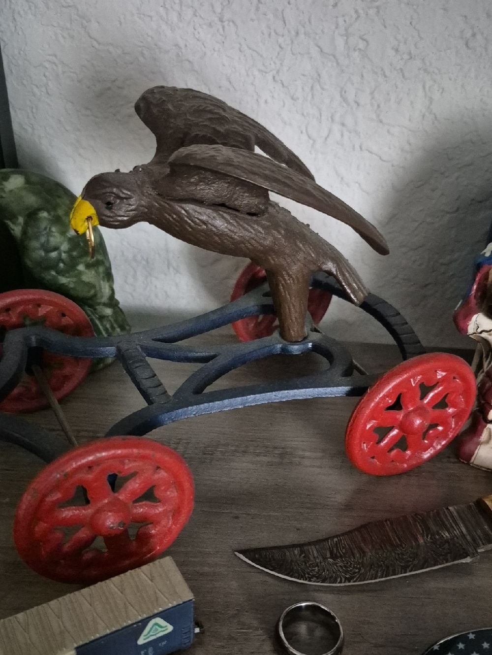 Vintage Folk Art Bird on Red-Wheel Metal Cart